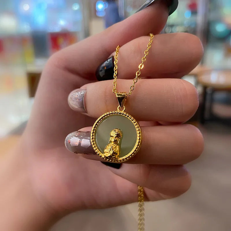 Ethnic Style Retro Buddha Statue Jade Pendant Necklace