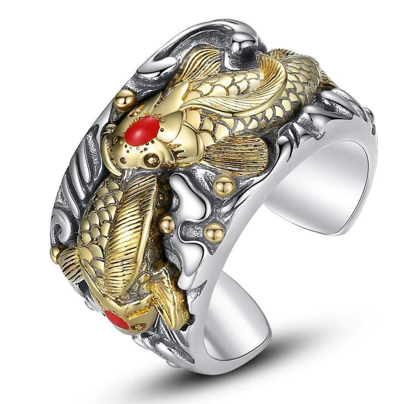 Retro Fortune Pawn Lucky Fish Koi Men's Open Ring