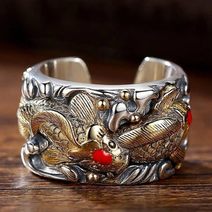 Retro Fortune Pawn Lucky Fish Koi Men's Open Ring