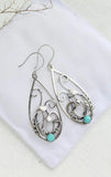 Antique Silver Spiral Green Stone Drop Earrings