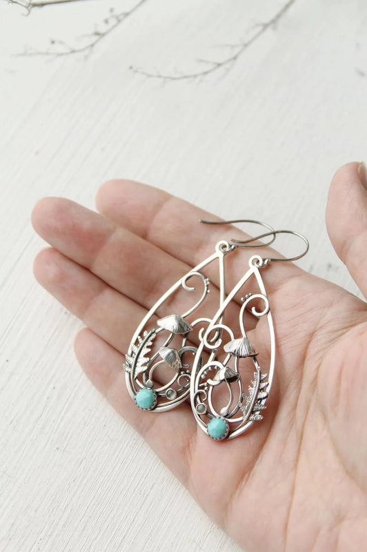 Antique Silver Spiral Green Stone Drop Earrings