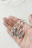 Antique Silver Spiral Green Stone Drop Earrings