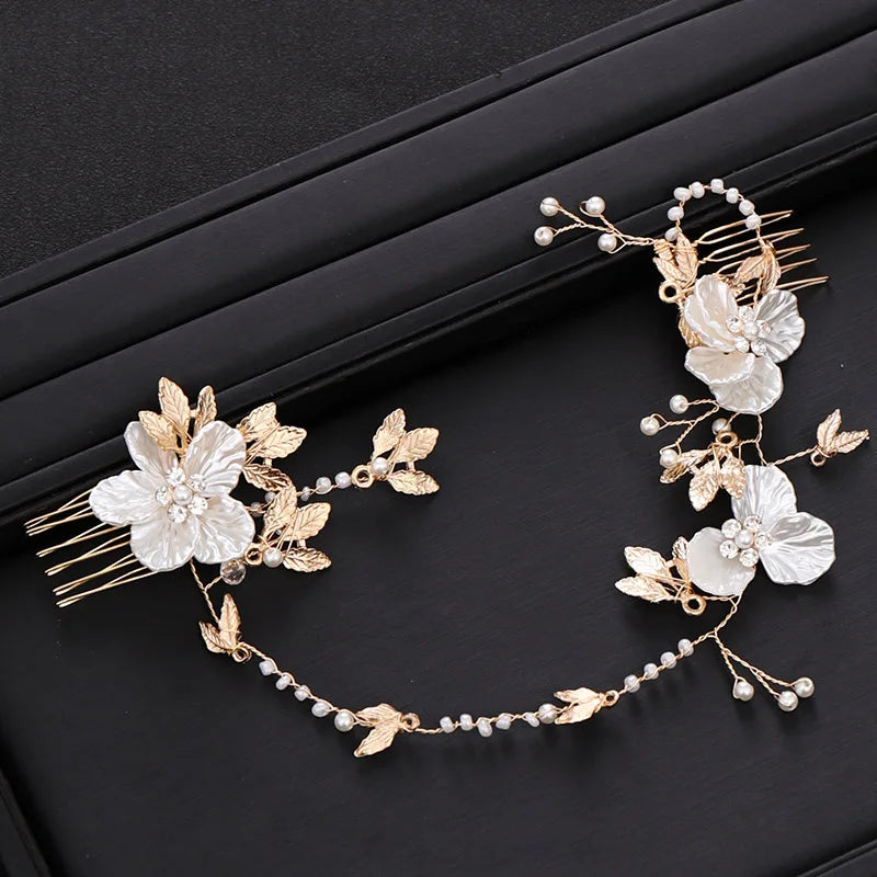 Retro Leaf Flower Headband Pearl Crystal Wedding Hair Accessories