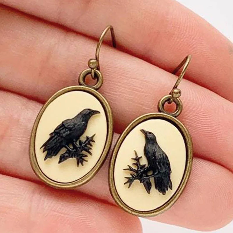 Retro Oval Crow Drop Earrings Ethnic Dangle Jewelry