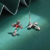 Ruby Rose Cross Stud Earrings Red Diamond Silver Anniversary Gift