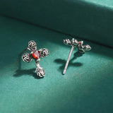 Ruby Rose Cross Stud Earrings Red Diamond Silver Anniversary Gift
