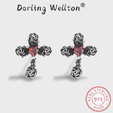 Ruby Rose Cross Stud Earrings Red Diamond Silver Anniversary Gift