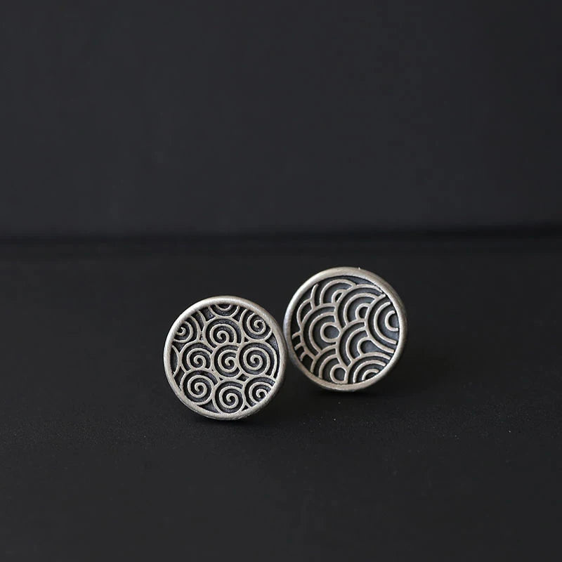 925 Silver Water Ripple Stud Earrings Retro Style Jewelry