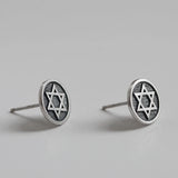 Retro S925 Silver Stud Earrings Six Pointed Star Round Frosty Wind Earrings