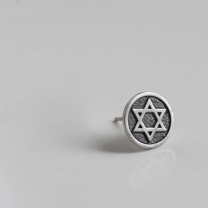 Retro S925 Silver Stud Earrings Six Pointed Star Round Frosty Wind Earrings