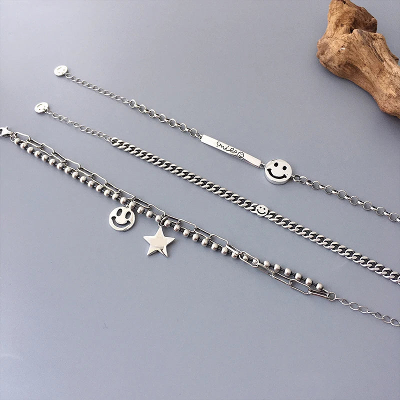 Vintage Smiley Face Thai Silver Bracelet for Women Girls