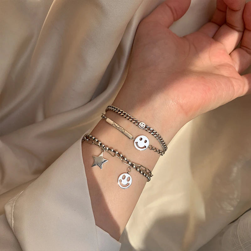 Vintage Smiley Face Thai Silver Bracelet for Women Girls