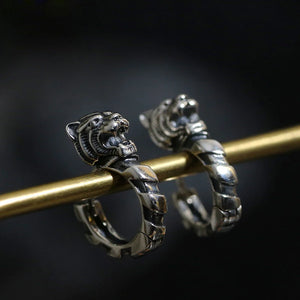 Retro 92 Sterling Silver Tiger Carved Earrings Hip Hop Original Jewelry