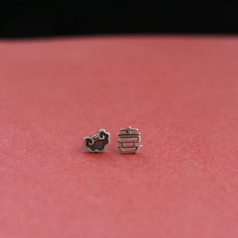925 Sterling Silver Cloud Silver Lock Asymmetric Couple Earrings