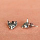 925 Silver Cat Head Earrings Retro Carved Frosted Men Women Jewelry