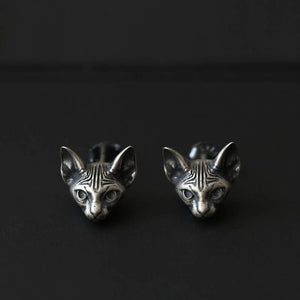 925 Silver Cat Head Earrings Retro Carved Frosted Men Women Jewelry