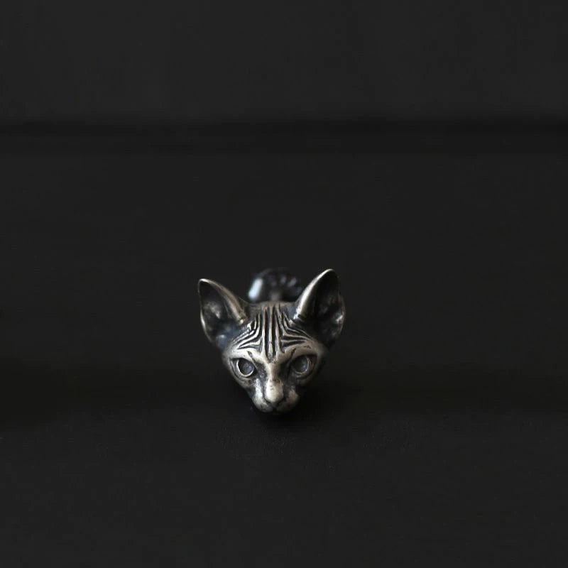 925 Silver Cat Head Earrings Retro Carved Frosted Men Women Jewelry