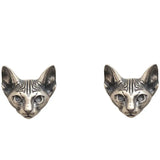 925 Silver Cat Head Earrings Retro Carved Frosted Men Women Jewelry