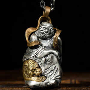 Guanyin Pendant Retro Style Men's Silver Necklace Chinese Bodhisattva