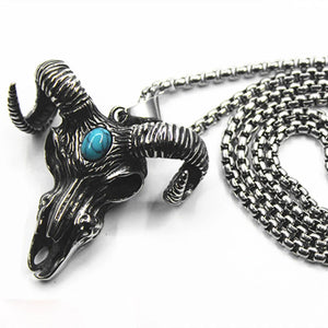 Evil Satan Goat Head Pendant Men's Necklace Retro Turquoise