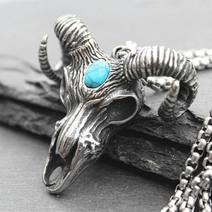 Evil Satan Goat Head Pendant Men's Necklace Retro Turquoise