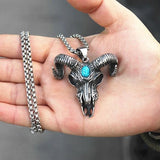 Evil Satan Goat Head Pendant Men's Necklace Retro Turquoise