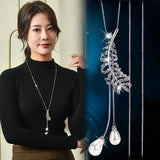 Feather Pendant Necklace with Simulated Pearl Long Chain for Women