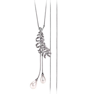 Feather Pendant Necklace with Simulated Pearl Long Chain for Women
