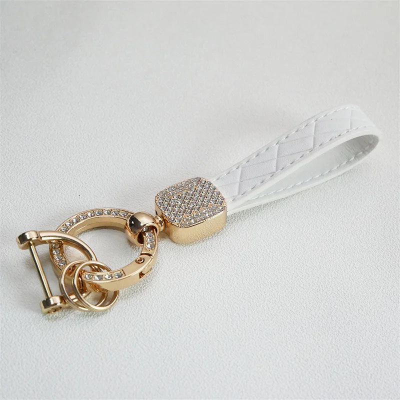 Plaid Leather Rope Keychain Rhinestone Crystal Key Chain Women Men Key Holder