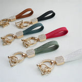 Plaid Leather Rope Keychain Rhinestone Crystal Key Chain Women Men Key Holder