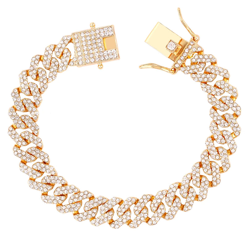 Rose Iced Out Paved Cuban Chain Bracelet 2 Row Rhinestone Link Hip Hop Jewelry