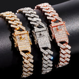 Rose Iced Out Paved Cuban Chain Bracelet 2 Row Rhinestone Link Hip Hop Jewelry