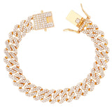 Rose Iced Out Paved Cuban Chain Bracelet 2 Row Rhinestone Link Hip Hop Jewelry