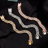 Rose Iced Out Paved Cuban Chain Bracelet 2 Row Rhinestone Link Hip Hop Jewelry