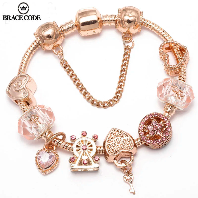Rose DIY Charm Bracelet Love Heart Pendant Beads Bracelets Women Lover Jewelry