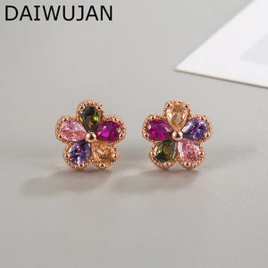 Multicolor Zircon Crystal Flower Stud Earrings 925 Silver