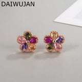 Multicolor Zircon Crystal Flower Stud Earrings 925 Silver