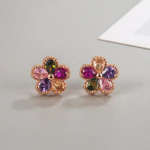 Multicolor Zircon Crystal Flower Stud Earrings 925 Silver