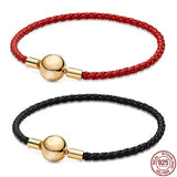 Round Buckle Leather Bracelet 925 Sterling Silver