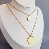 Round Floral Titanium Steel Pendant Necklace Double Layer Ladies Chain