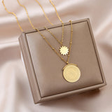 Round Floral Titanium Steel Pendant Necklace Double Layer Ladies Chain