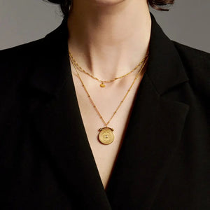 Round Floral Titanium Steel Pendant Necklace Double Layer Ladies Chain