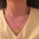 Round Floral Titanium Steel Pendant Necklace Double Layer Ladies Chain