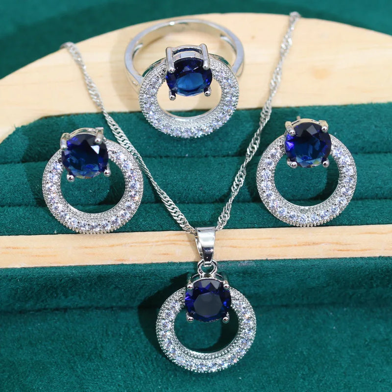 Red Stone Silver Wedding Jewelry Set for Women Earrings Ring Necklace