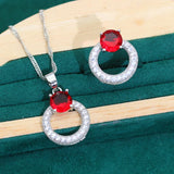 Red Stone Silver Wedding Jewelry Set for Women Earrings Ring Necklace