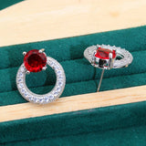 Red Stone Silver Wedding Jewelry Set for Women Earrings Ring Necklace