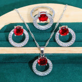 Red Stone Silver Wedding Jewelry Set for Women Earrings Ring Necklace