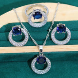 Red Stone Silver Wedding Jewelry Set for Women Earrings Ring Necklace