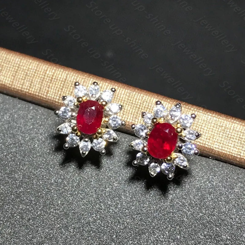 925 Silver Ruby Stud Earrings Lady Studs Simple Fresh