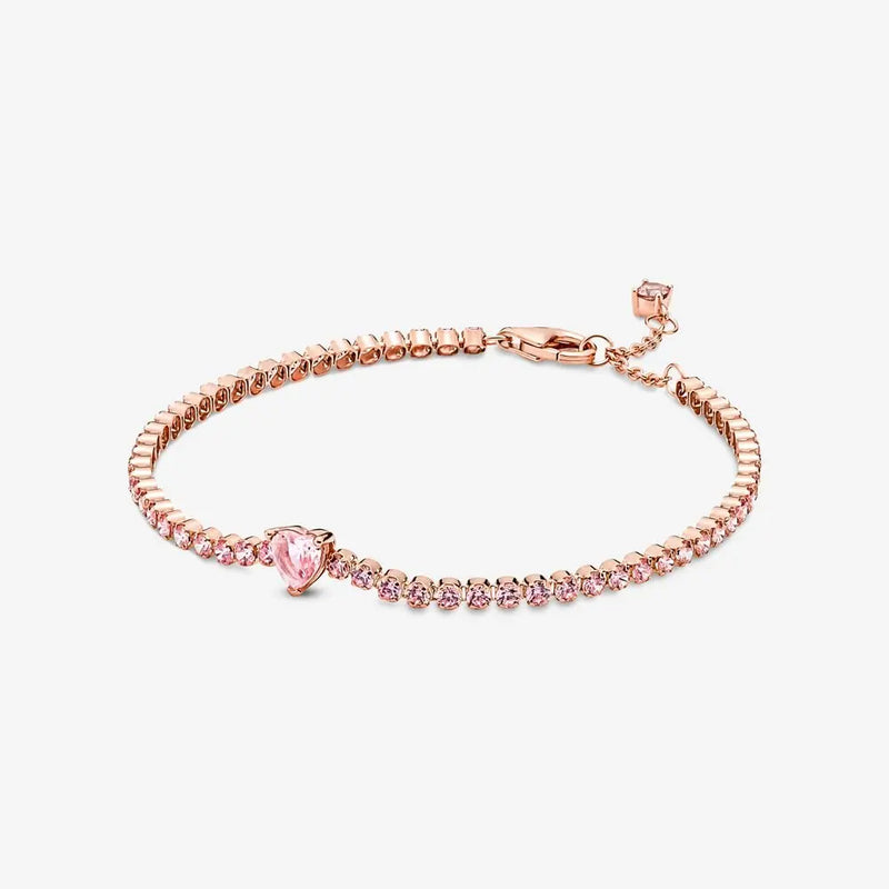 S925 Silver Shining Heart Pink Sapphire Tennis Thin Bracelet For Women